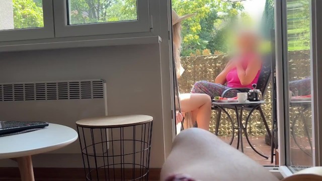 My Husband is Jerking off and Cum in Front of my Mom a while we Talk on Balcony