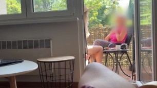 My Husband is Jerking off and Cum in Front of my Mom a while we Talk on Balcony