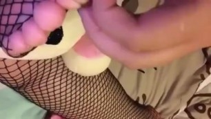 Teen Sucks own Toes through Fishnet