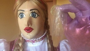 Shemale Dirndl sucks cum out of condom