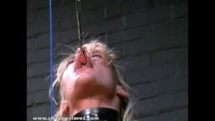 Blonde slave Crystels kinky electro bdsm and tounge tied fetish of screaming sub