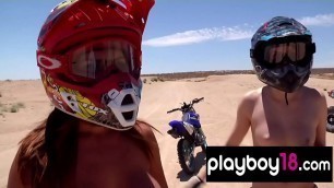 Big boobed badass nude babes trying motocross in the desert